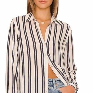 L'AGENCE Cream/Red/Navy Vertical-Stripe Button-Down Shirt